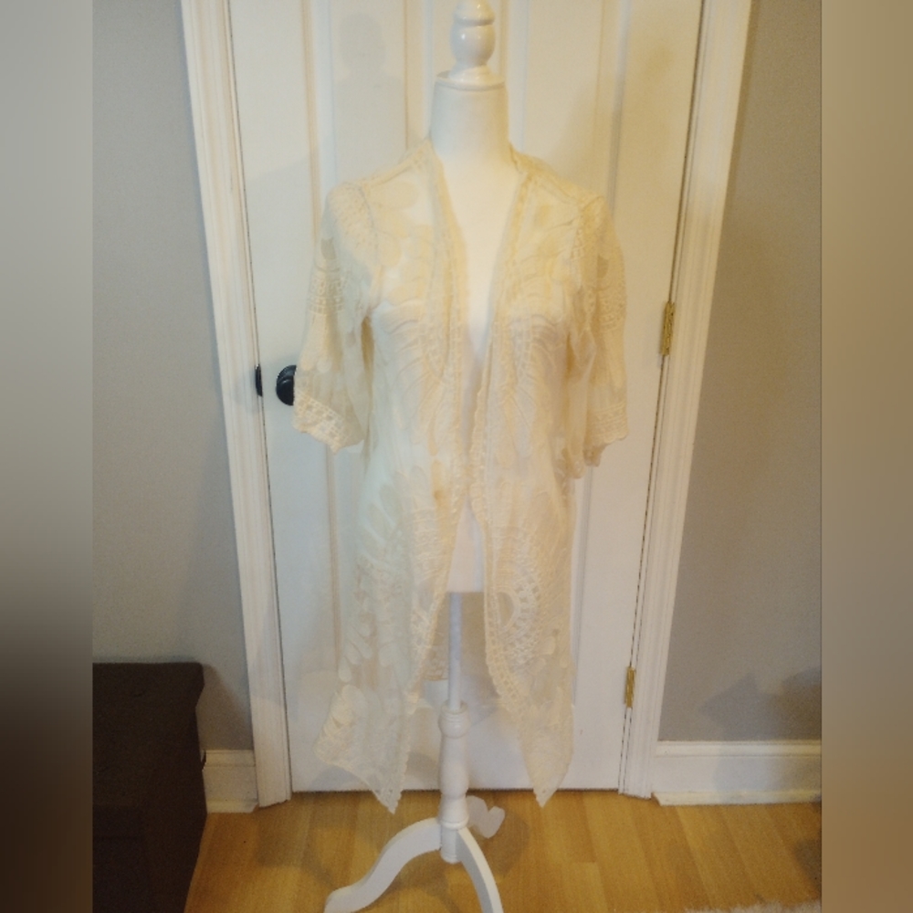 Rebellion Again Lace Duster Open Cardigan Lace Boho Detail Long Ivory Size Med